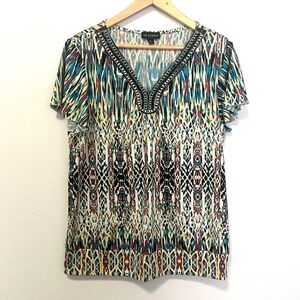 I.N. Studio Women's Top. Colorful Aztec Print with Beading Detail at Neckline